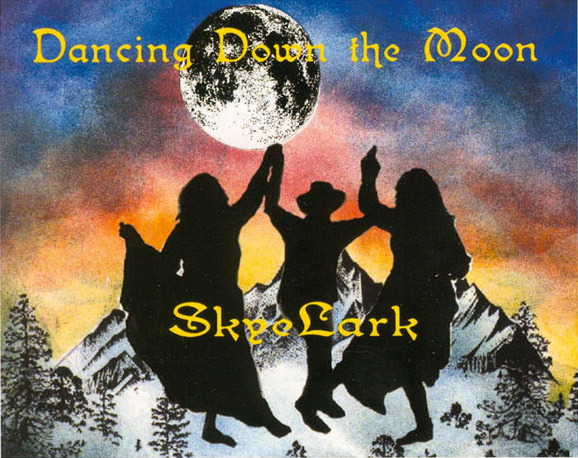 SkyeLark Dancing Down the Moon CD silhouettes of three dancers in front of a mountain below a moon