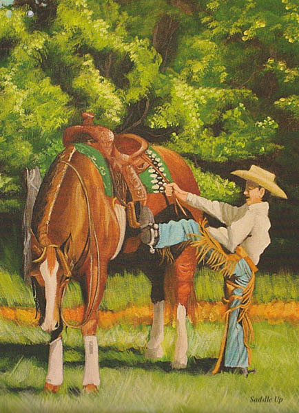 ©Saddle Up Lynn Kopelke a painting of a boy mounting a saddled horse