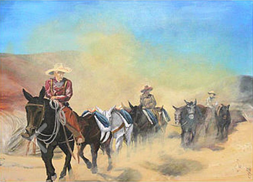 © Dusty Trail Lynn Kopelke painting of cowboys on horses with pack horses and a wagon pulled by mulesin a cloud of dust