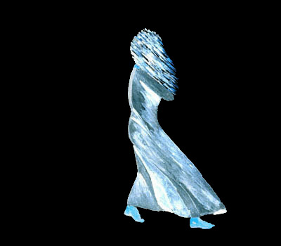 © S.L.Reay an inverted painting of a woman in profile walking in the wind with her hair and skirt blown forward