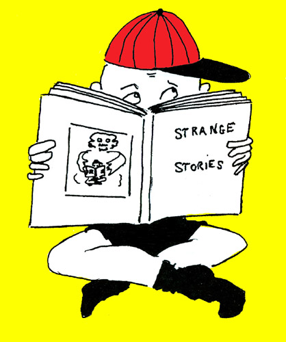 ©Patrick Bone a drawing of a boy with a red cap sitting on the floor reading a book called Strange Stories