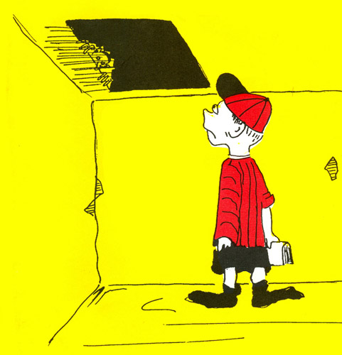 ©Patrick Bone yellow black and red book cover with a cartoon boy looking at a face in an open attic door